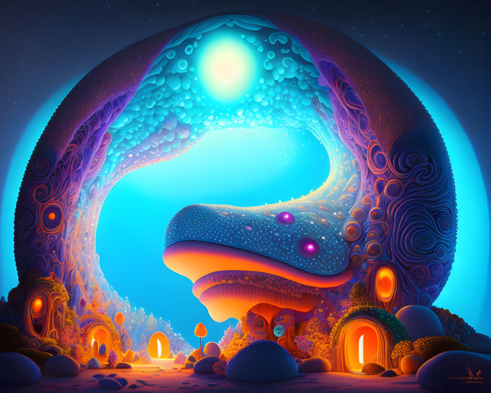 Whimsical night landscape with serpent creature and glowing mushroom houses