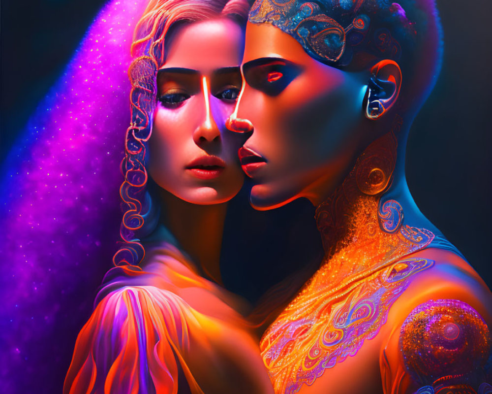 Digital artwork: Stylized individuals with intricate body patterns and colorful lighting embracing closely