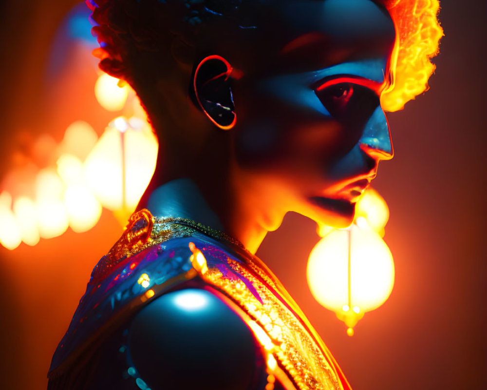 Curly Haired Person in Profile View with Futuristic Makeup and Neon Lighting