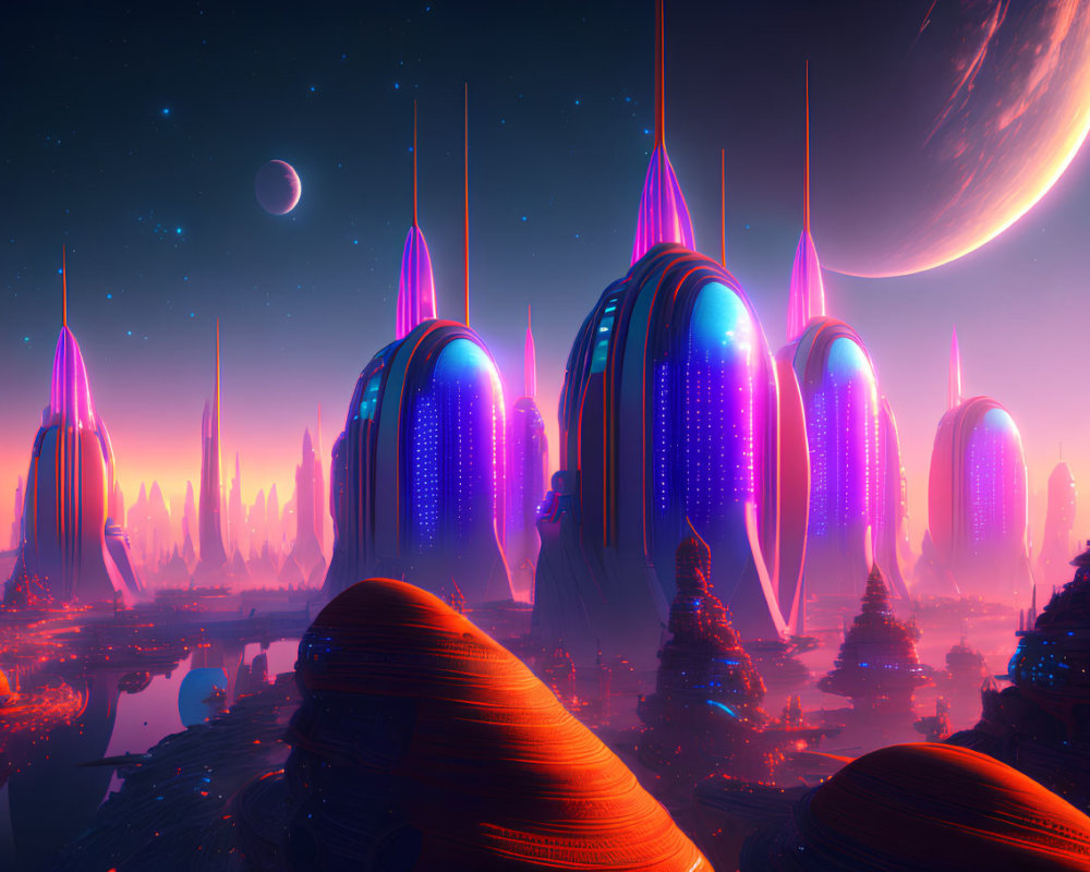 Futuristic cityscape at dusk with neon lights and celestial bodies.