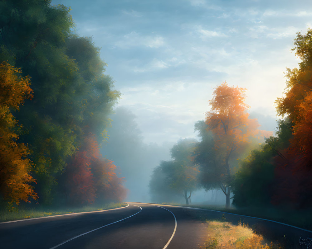 Tranquil autumn forest road with vibrant fall colors