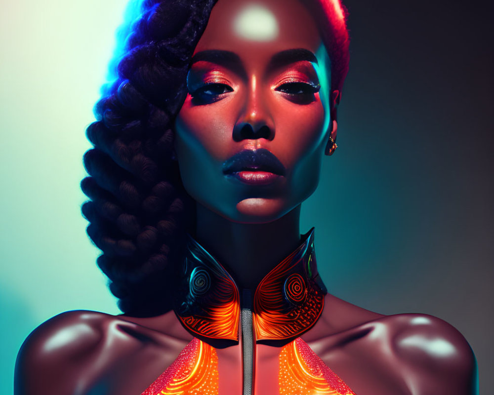 Digital Artwork: Woman with Glowing Red and Orange Patterns under Blue and Red Lighting