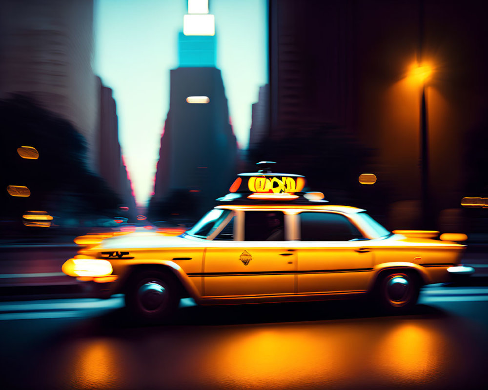 Blurred yellow taxi cab in city street at twilight