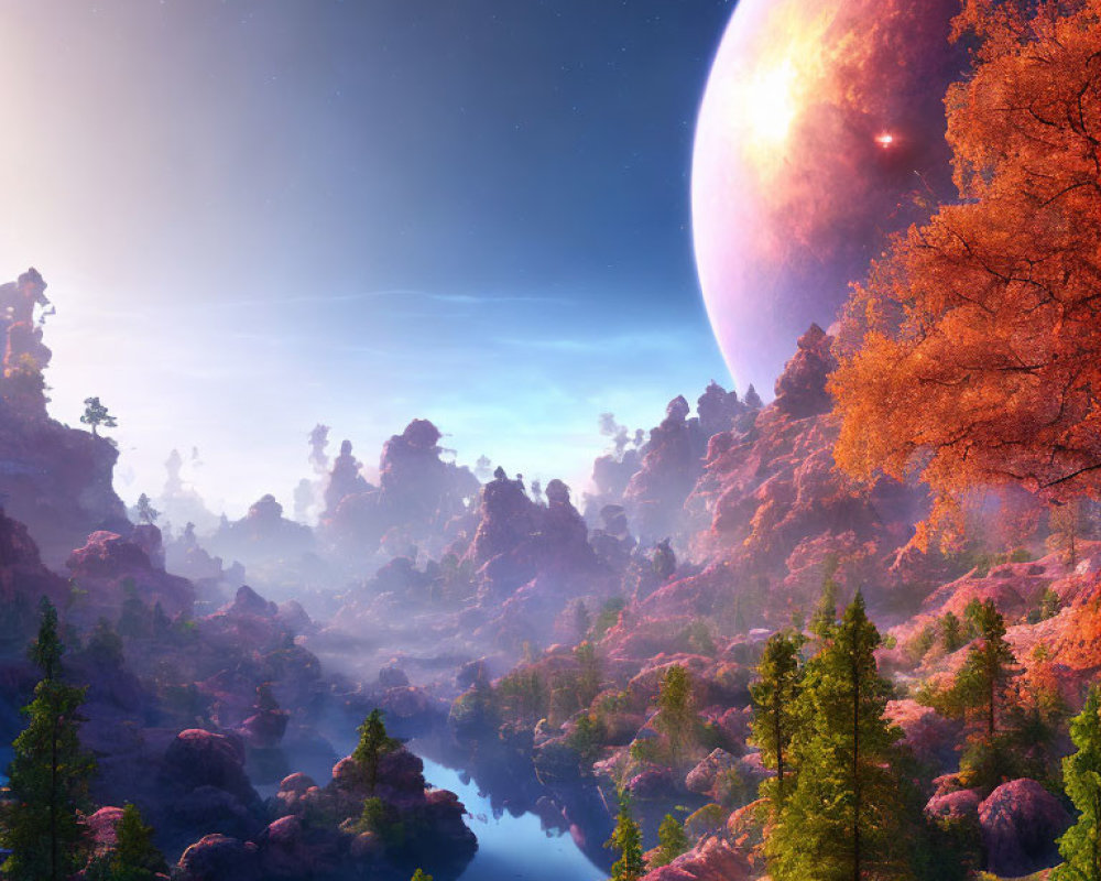 Tranquil forest landscape with misty river and giant planet