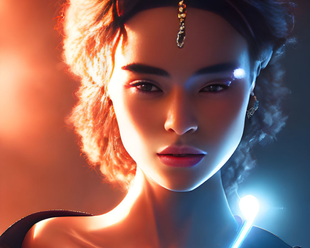 Intense gaze digital portrait of a woman with warm backlighting