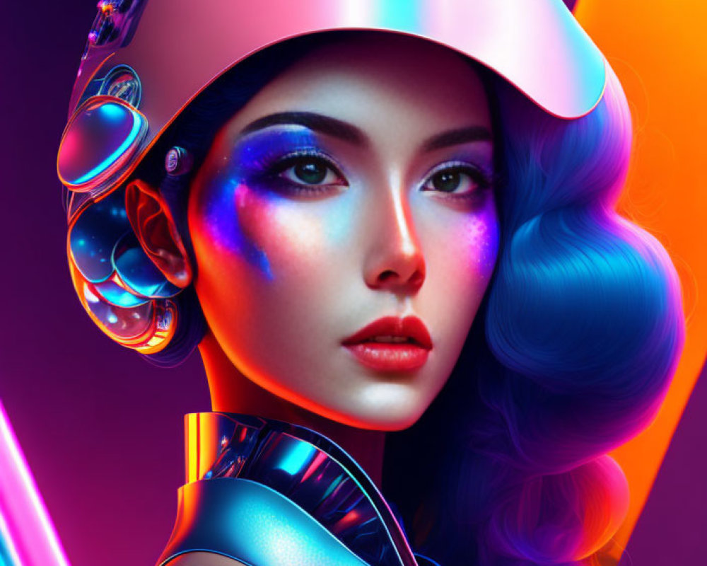 Futuristic woman with shiny helmet and metallic clothing in vibrant setting