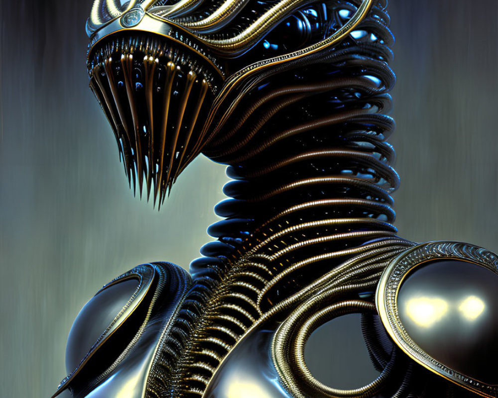 Futuristic metallic entity with biomechanical design and intricate tubing