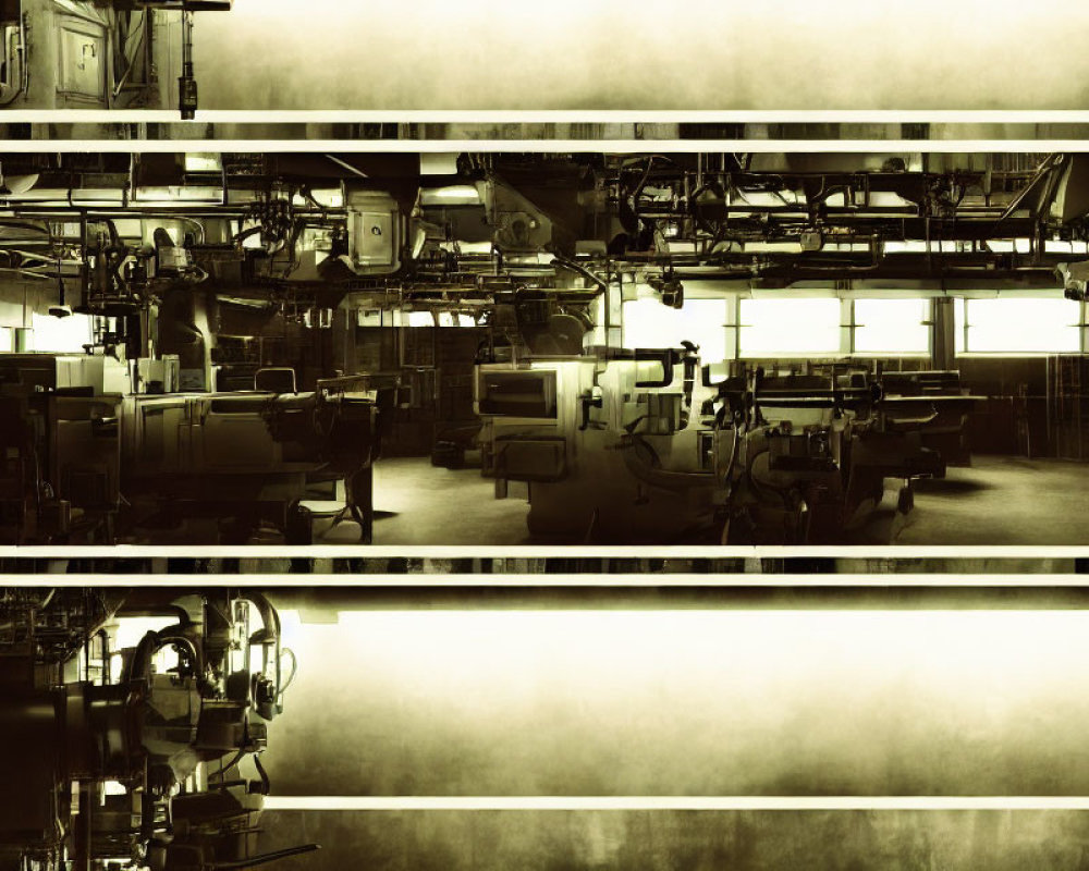 Sepia-toned vintage industrial facility with machines and pipes