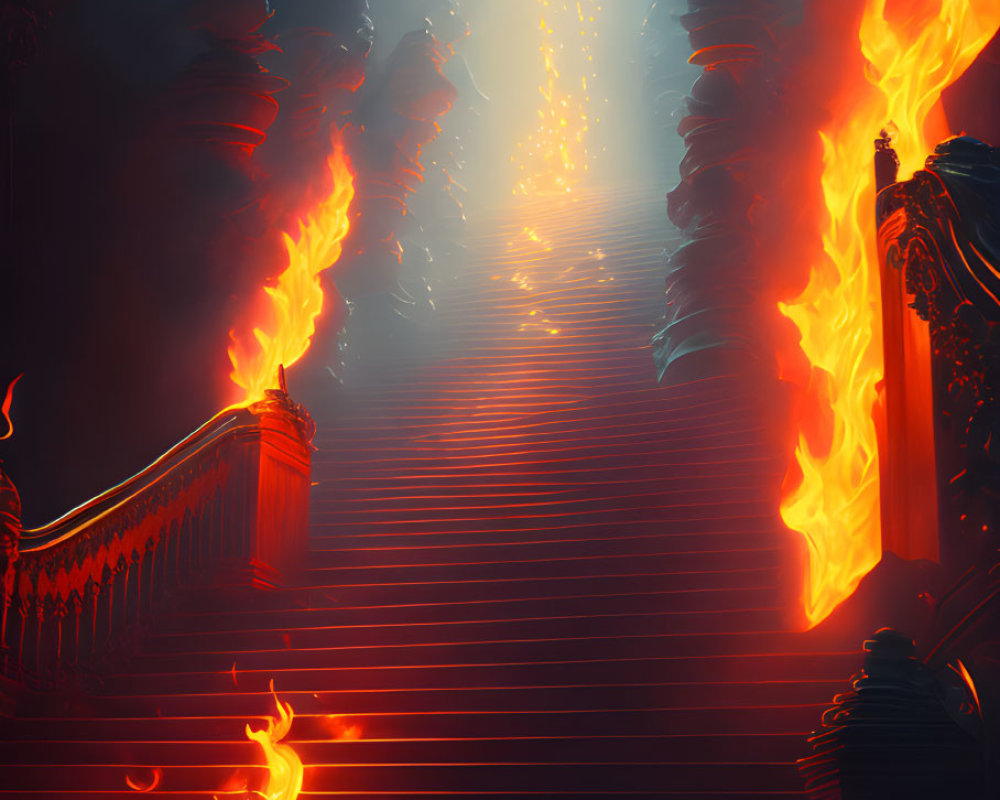 Flaming ornate staircase in dramatic setting