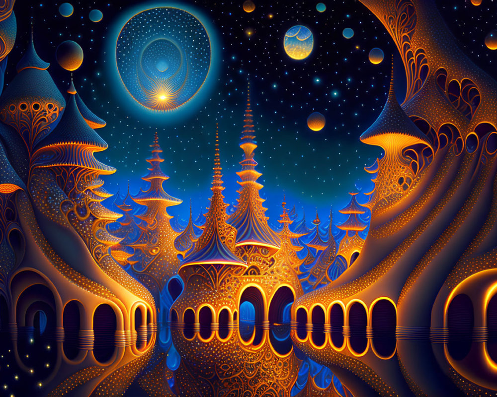 Surreal landscape with stylized trees and celestial bodies in blue and orange