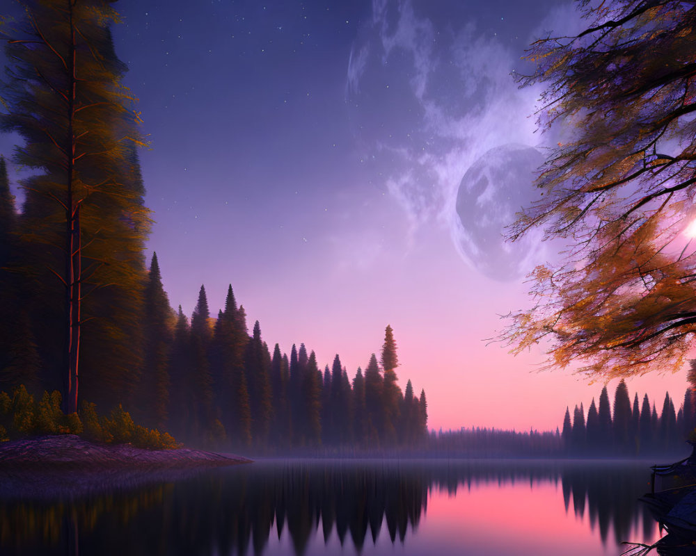 Twilight lake scene with purple and pink hues, pine tree silhouettes, starry night,