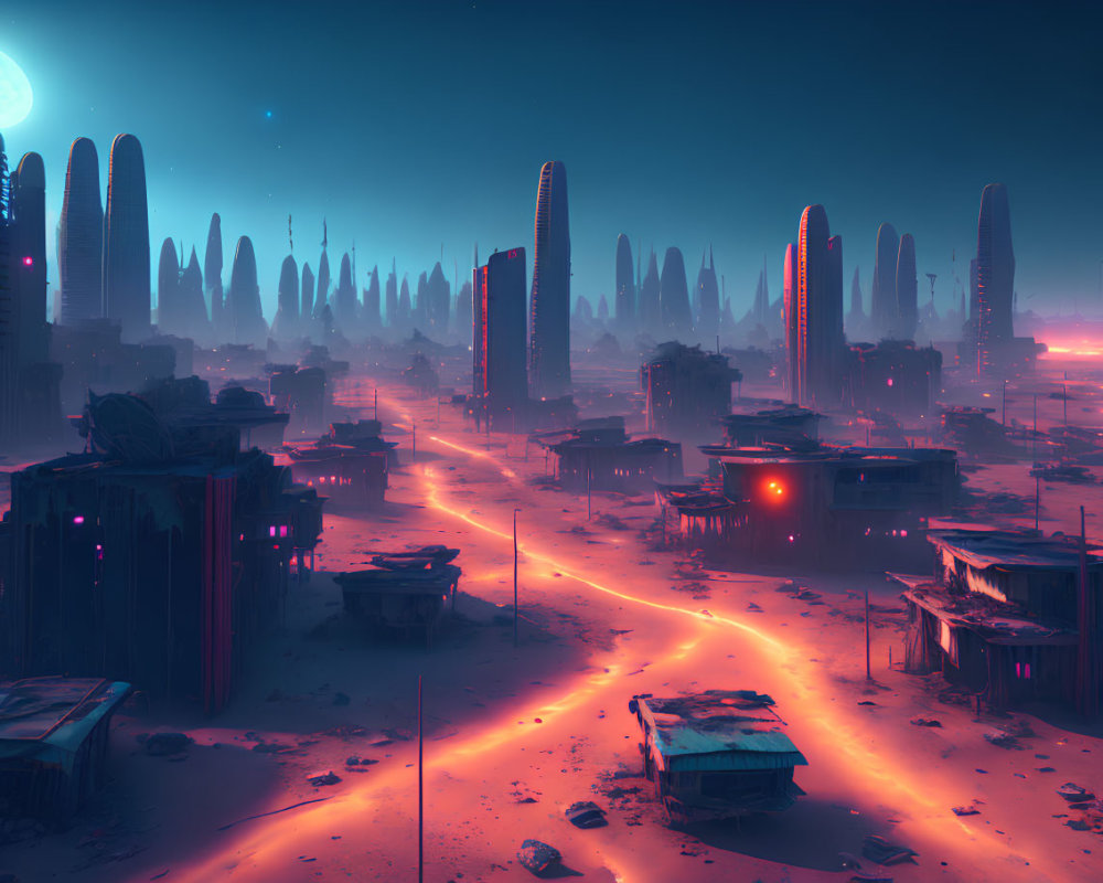 Futuristic cityscape at dusk with towering structures and neon-lit roads