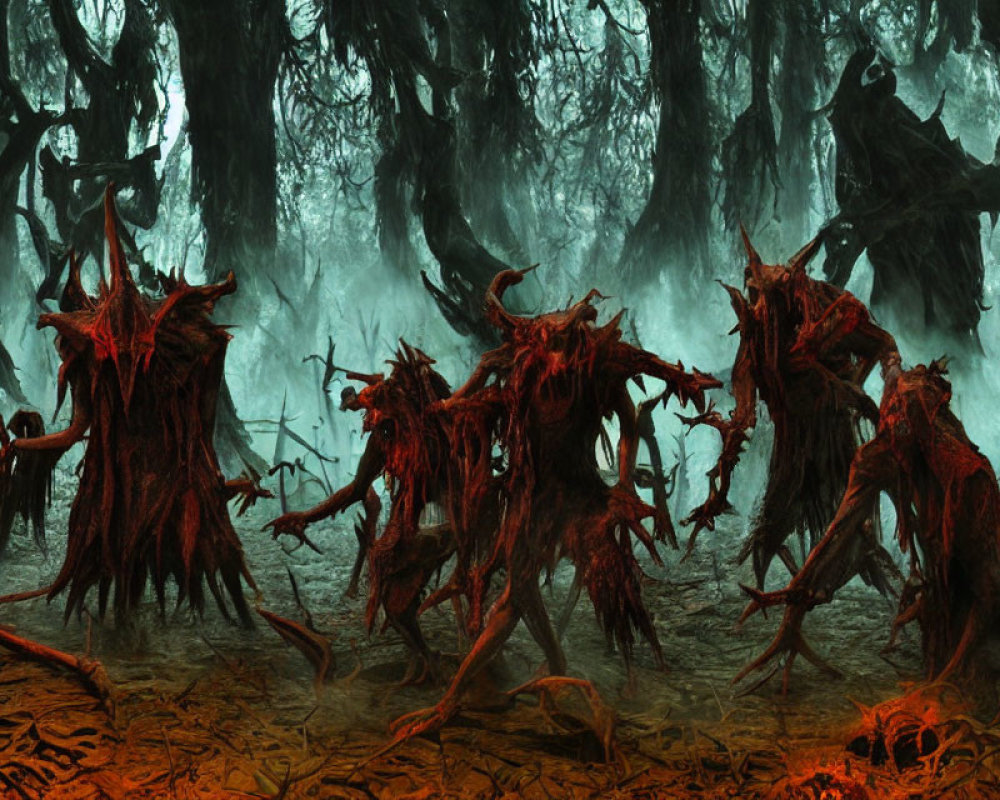 Eerie forest with sinister tree-like creatures