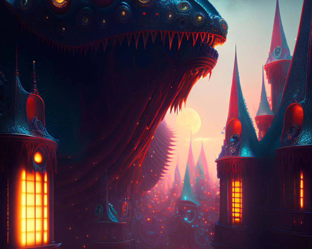 Fantasy Artwork: Colossal Serpent Over Gothic Cityscape