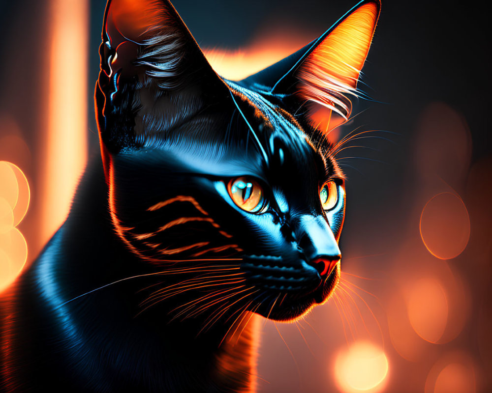 Neon-lit black cat with blue eyes on bokeh backdrop