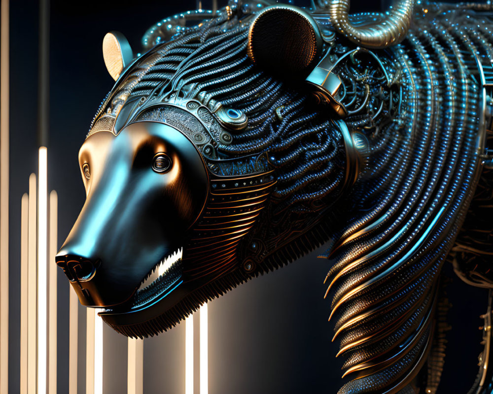 Intricate metallic mechanical bear head on dark abstract background