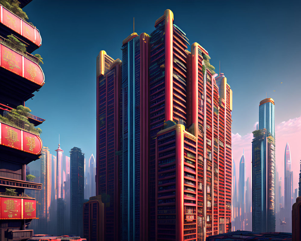 Futuristic cityscape with Eastern architectural motifs at sunrise or sunset