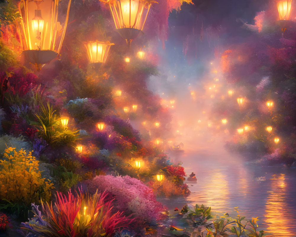 Colorful Flora and Glowing Lanterns in Enchanted Garden