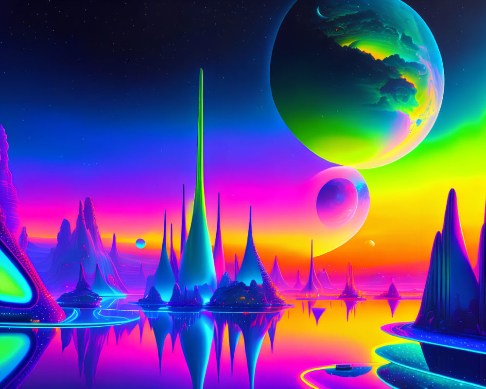 Futuristic alien landscape with neon colors, reflective water, and large moons