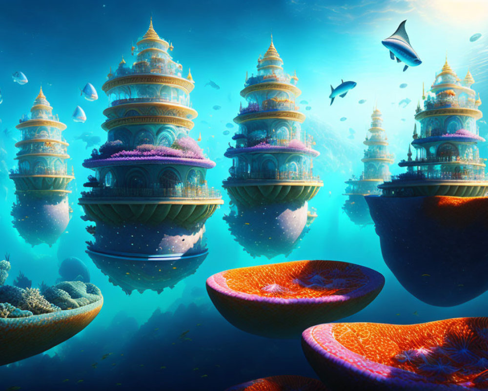 Colorful coral and flying fish in a dreamlike underwater scene