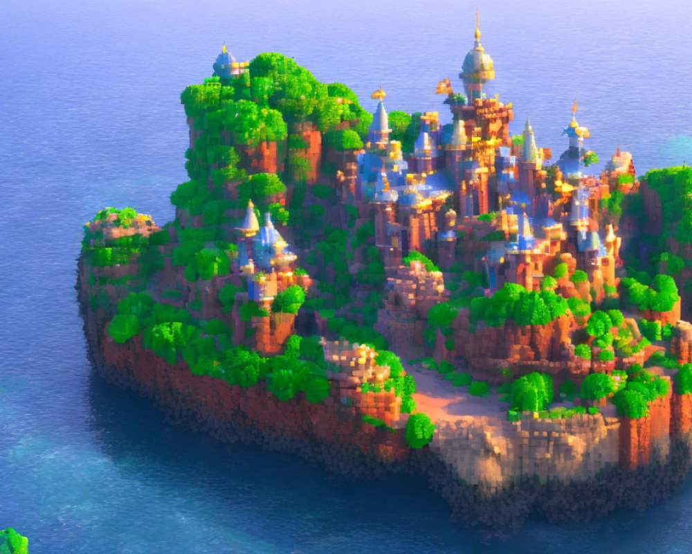 Fantastical island with lush greenery and golden-domed buildings