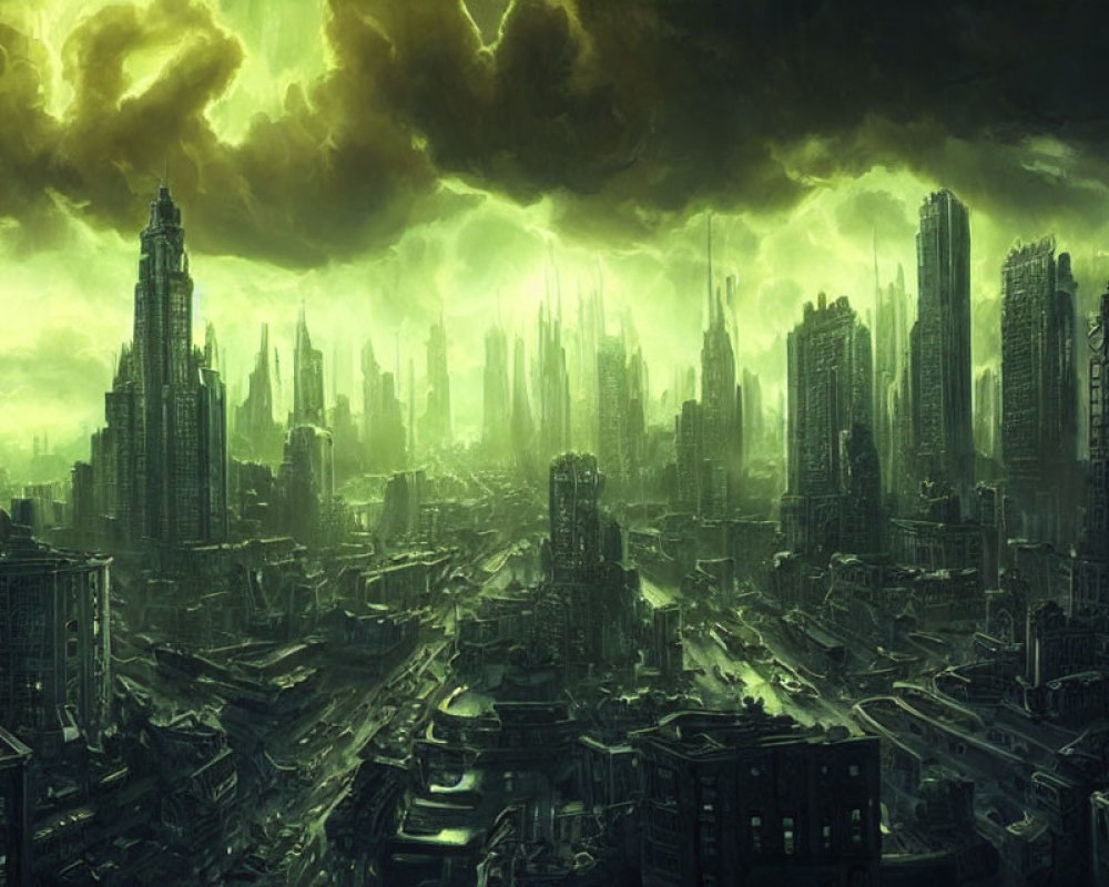 Dystopian cityscape under stormy green sky with high-rises & ominous lights