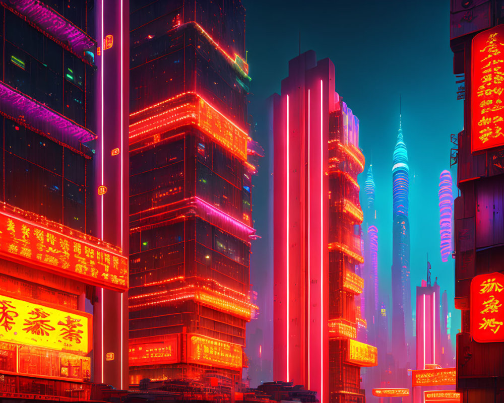 Vibrant cyberpunk cityscape: neon-lit skyscrapers & billboards