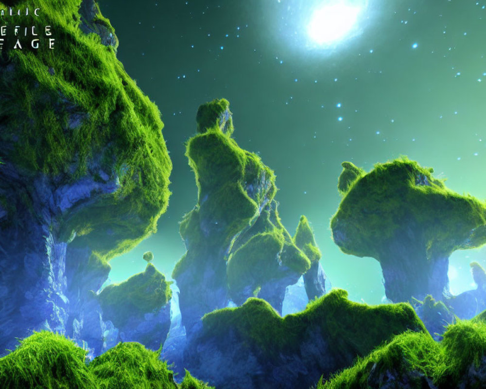 Vibrant alien landscape with lush greenery and towering rock formations