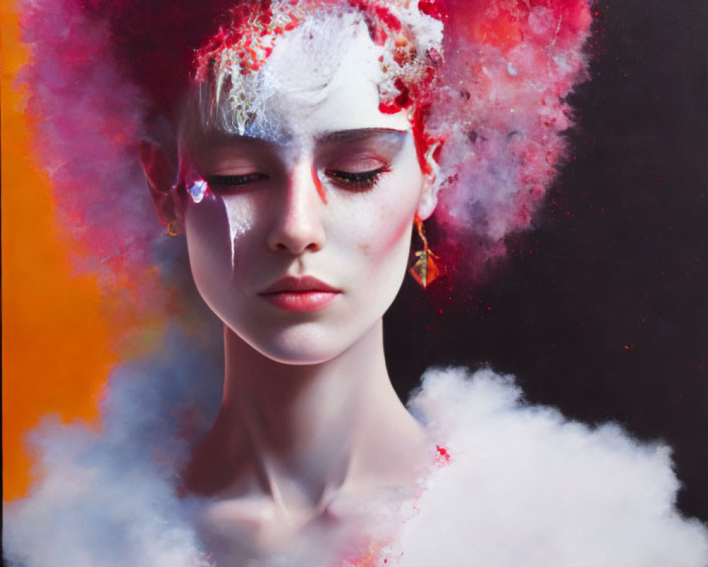 Colorful artistic makeup with red and white cloud effect on person's head.