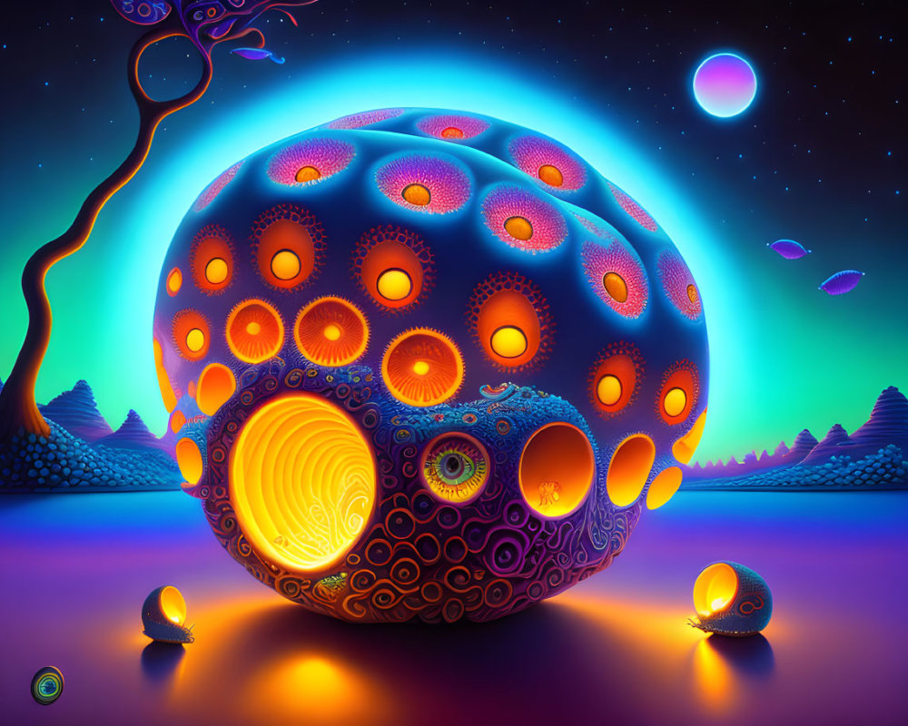 Vibrant orb-like structure in surreal landscape under starry sky