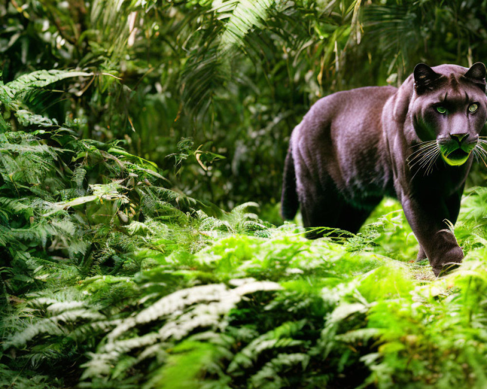 Black panther in lush green jungle with intense eyes and dense ferns