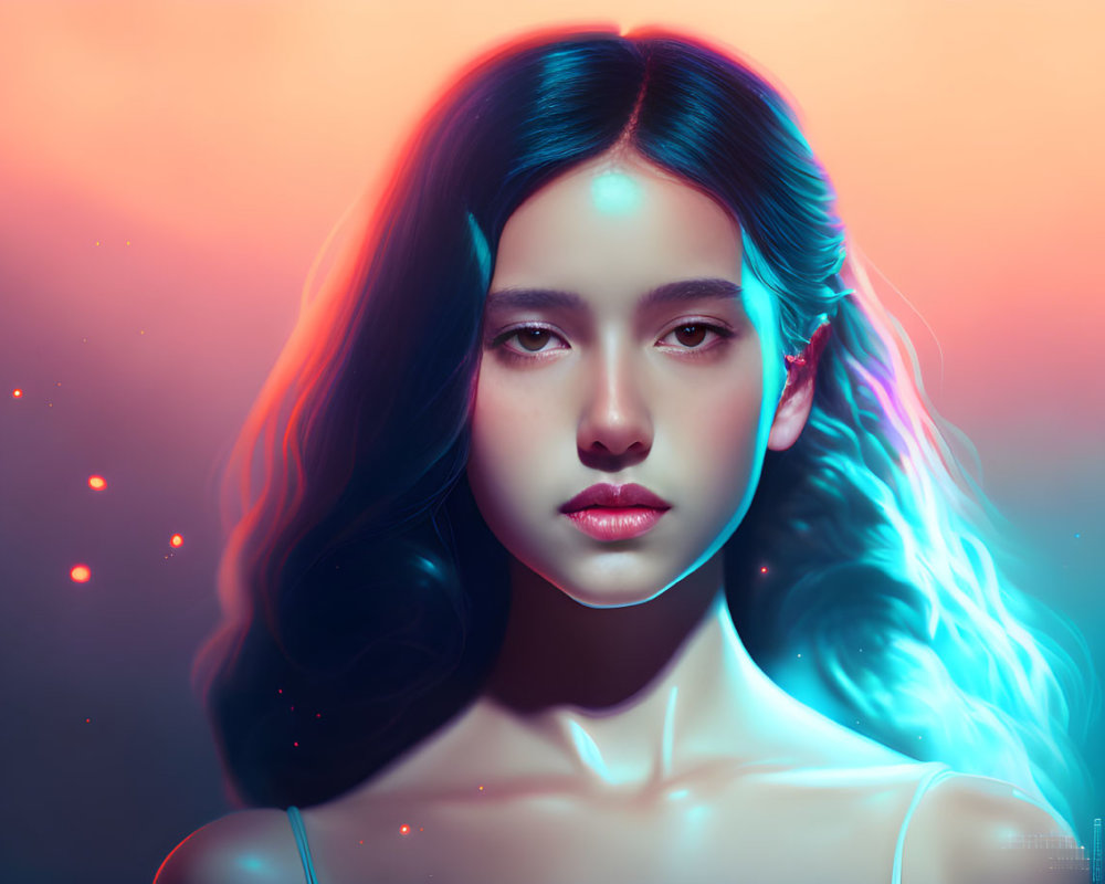 Woman with Blue-Pink Gradient Hair in Glowing Skin Artwork