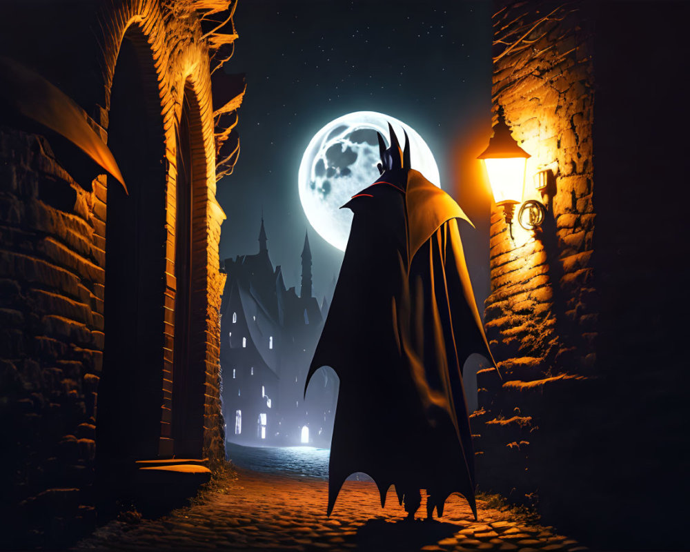 Mysterious figure in alley under full moon near distant castle