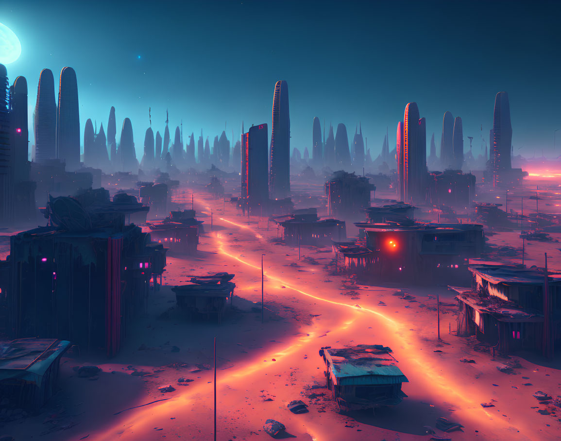 Futuristic cityscape at dusk with towering structures and neon-lit roads