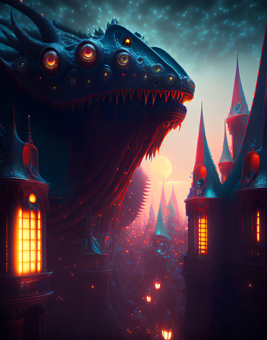 Fantasy Artwork: Colossal Serpent Over Gothic Cityscape