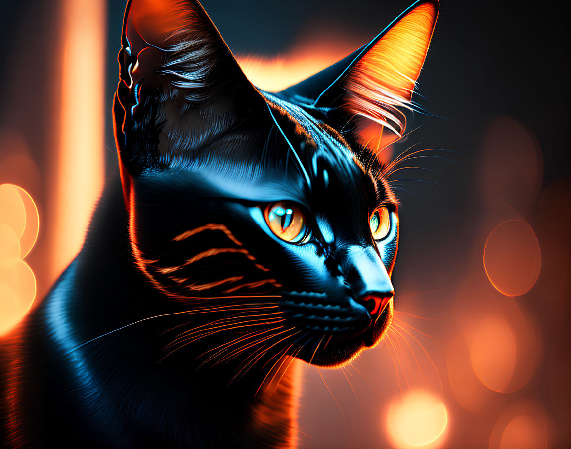 Neon-lit black cat with blue eyes on bokeh backdrop