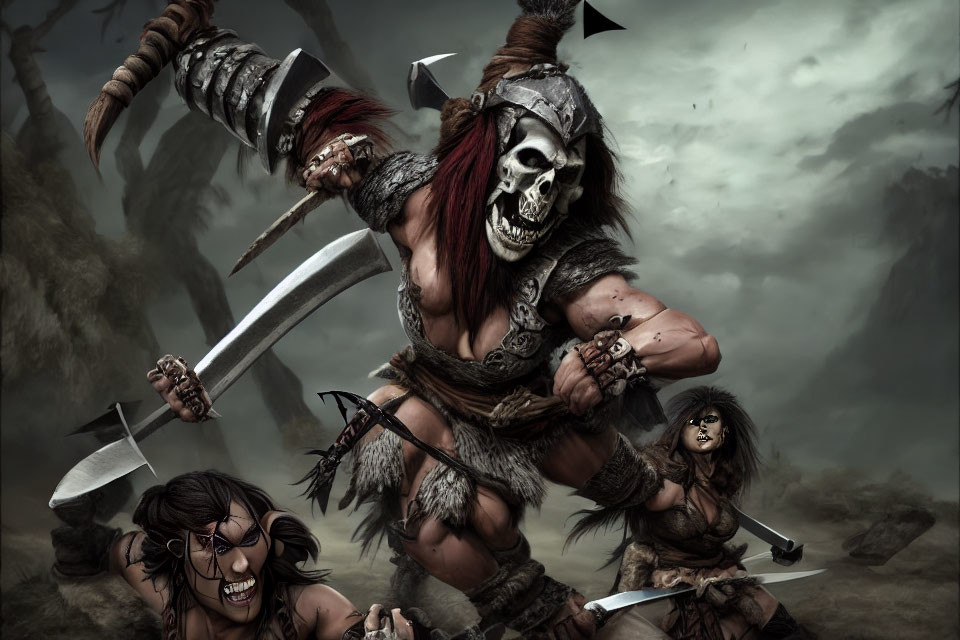 Dark fantasy art of three warriors in skull masks with primitive weapons