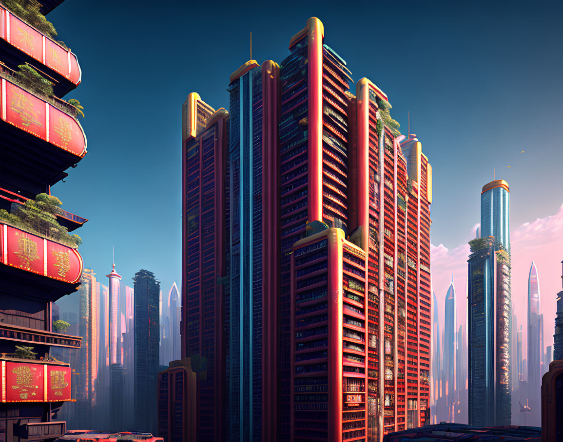 Futuristic cityscape with Eastern architectural motifs at sunrise or sunset