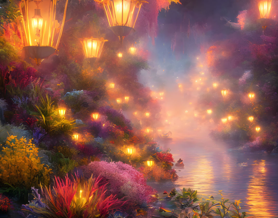 Colorful Flora and Glowing Lanterns in Enchanted Garden