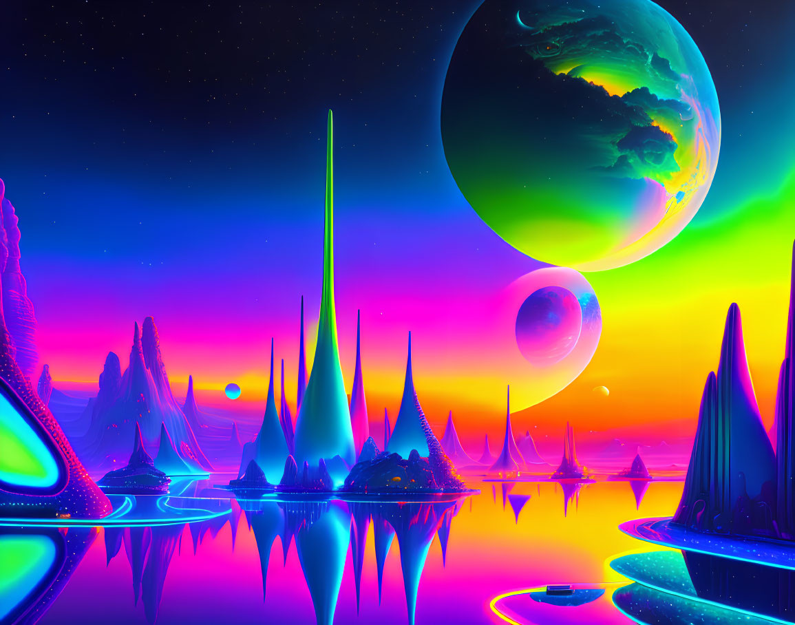 Futuristic alien landscape with neon colors, reflective water, and large moons