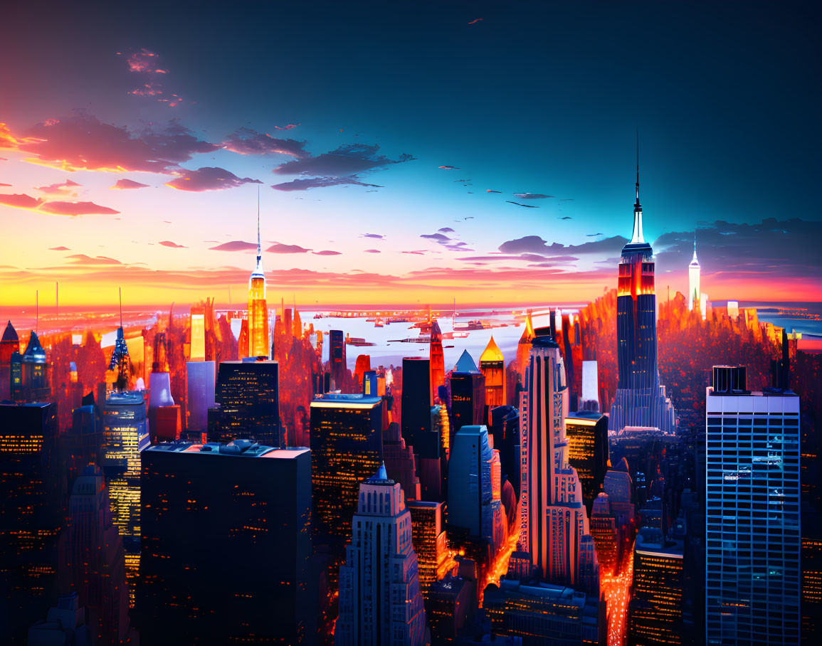 Colorful digital artwork: City skyline at sunset with neon skyscrapers.