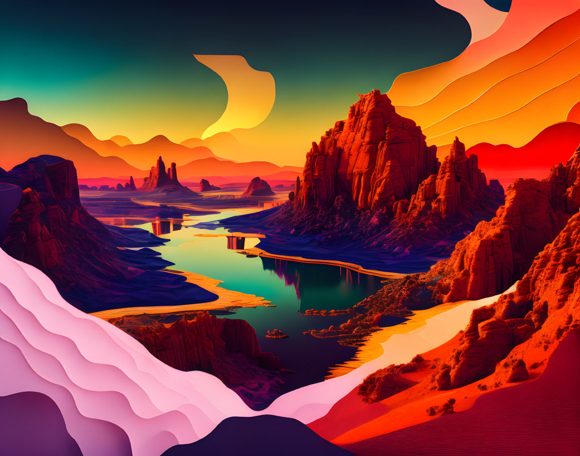 Vivid surreal landscape: purple-pink sand dunes, blue lakes, red rock formations, colorful