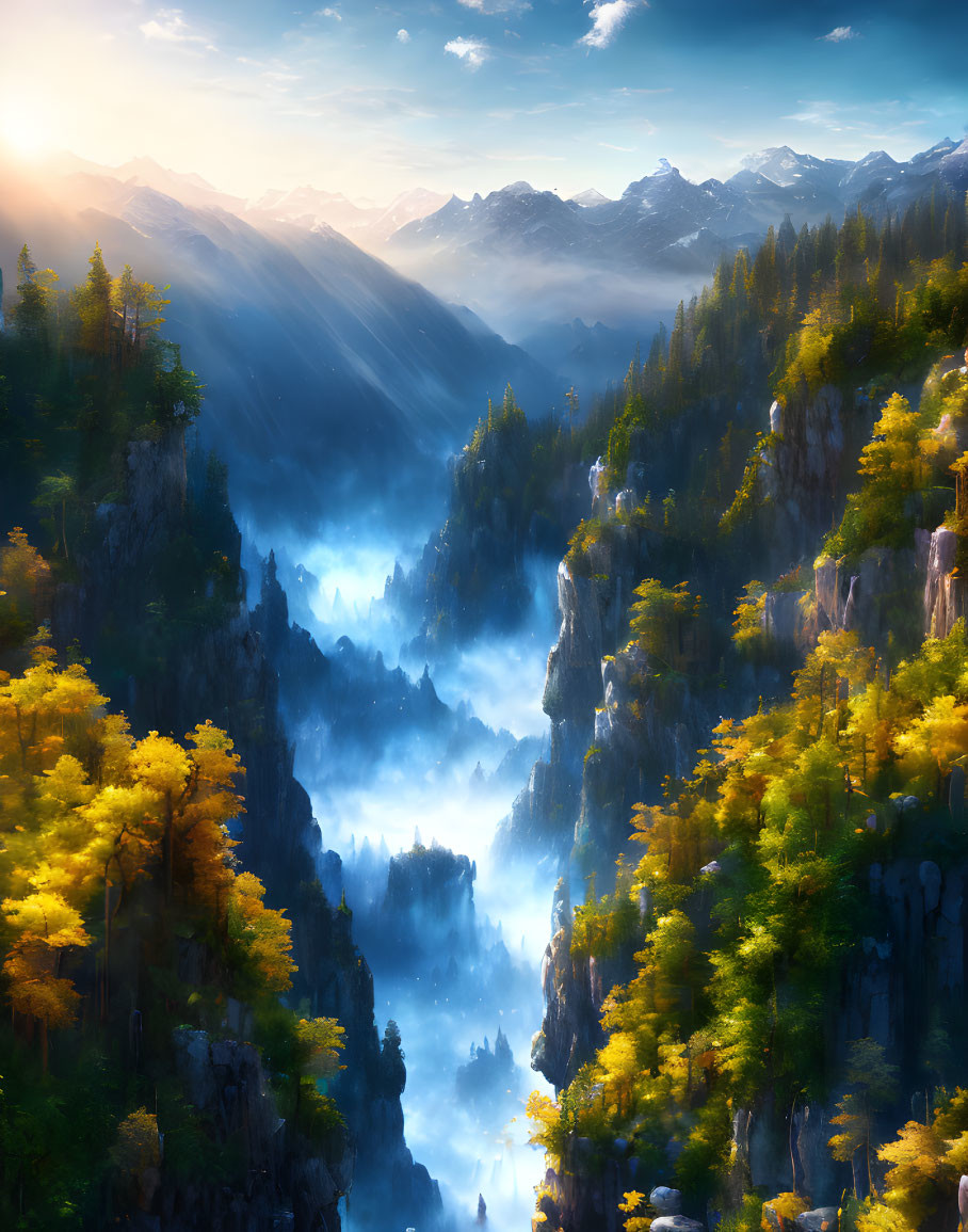 Sunlit golden-hued trees on steep cliffs with mist-filled valleys and distant mountains under a bright sky