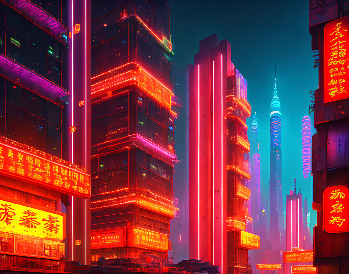 Vibrant cyberpunk cityscape: neon-lit skyscrapers & billboards