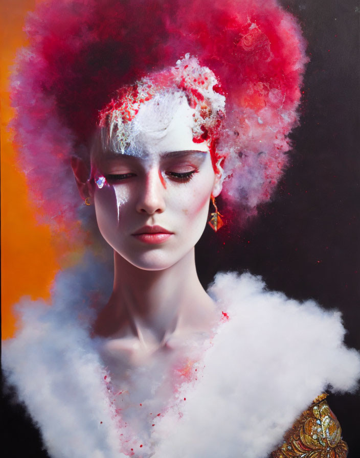 Colorful artistic makeup with red and white cloud effect on person's head.