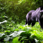 Black panther in lush green jungle with intense eyes and dense ferns