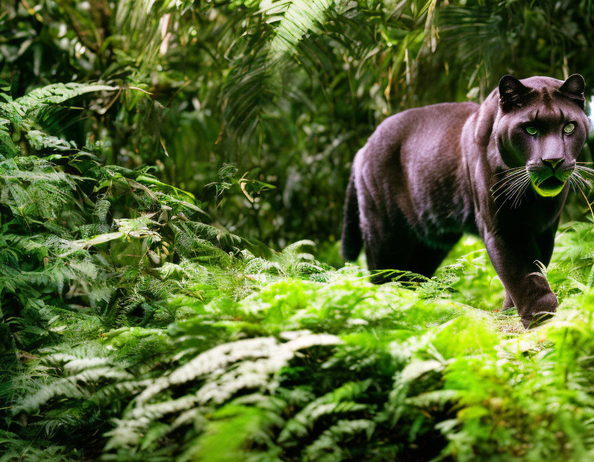 Black panther in lush green jungle with intense eyes and dense ferns