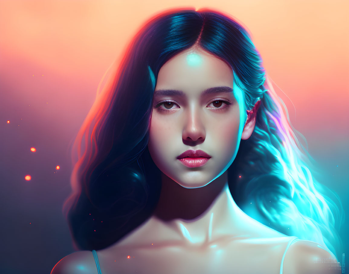 Woman with Blue-Pink Gradient Hair in Glowing Skin Artwork