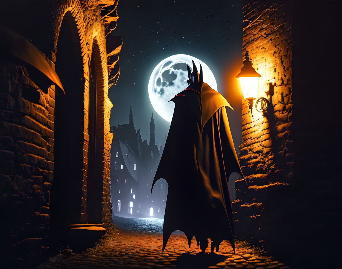 Mysterious figure in alley under full moon near distant castle