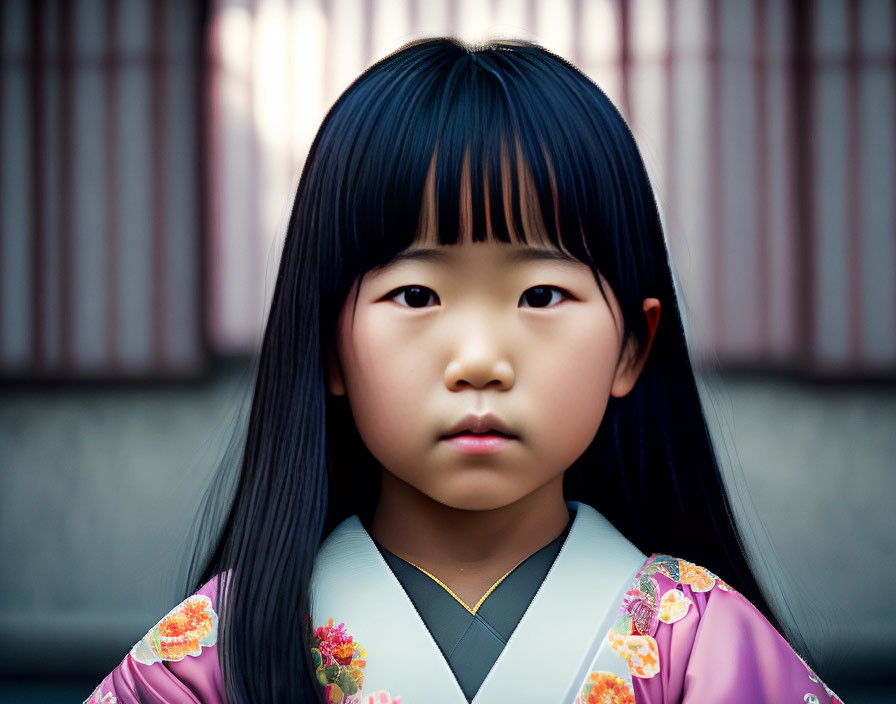 Traditional pink kimono with floral patterns on young girl in front of blurred background